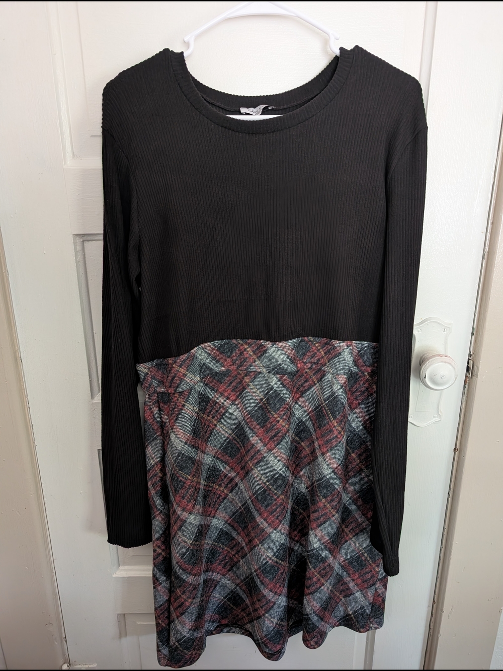 Black Long Sleeve Top with Plaid Skirt Panel